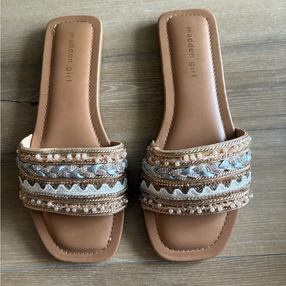 Madden Girl Women's Tan and Blue Embellished Slide Sandals